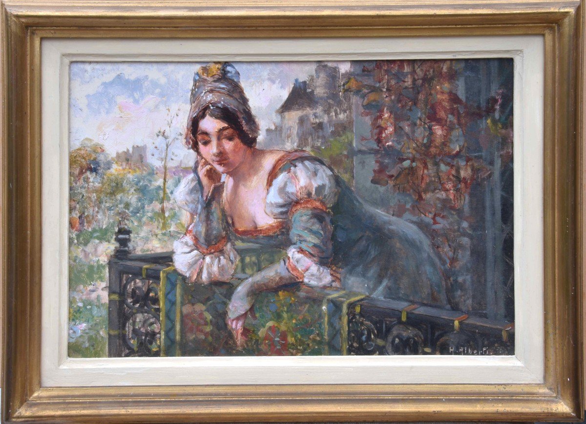 Henri Alberti "femme Au Balcon" Huile Sur Panneau 24x33